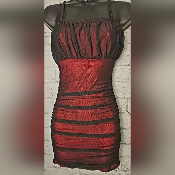 SHEIN Black Red Mesh Ruched Bodycon Mini Dress US 2 - Picture 3 of 13